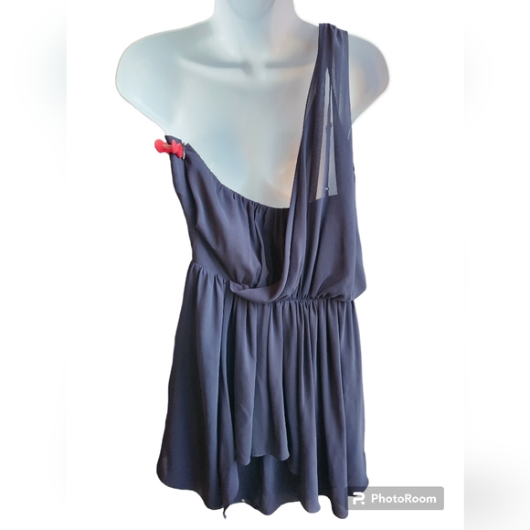 Greylin One Ruffle Shoulder Navy Short A Line Dress Side Zip Size S - Picture 2 of 4